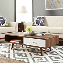 Modway Transmit Mid-Century Coffee Table in walnut with sleek white drawer, perfect for modern living rooms. 