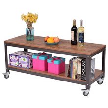Metal Wood Coffee Table with Locking Casters