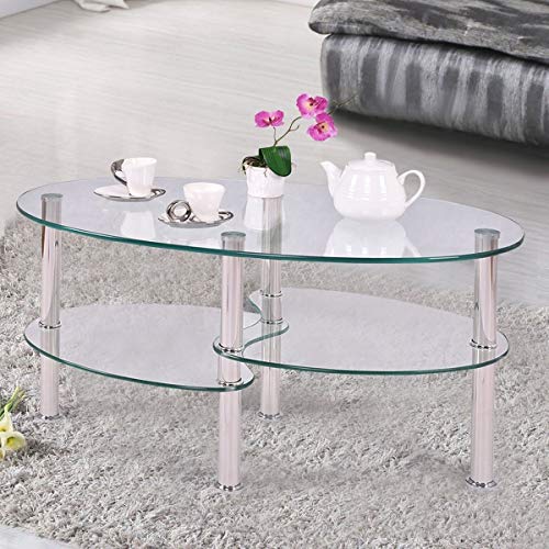 Oval Tempered Glass Coffee Table with Bottom Shelf