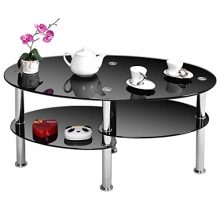 Black Tempered Glass Coffee Table with Bottom Shelf