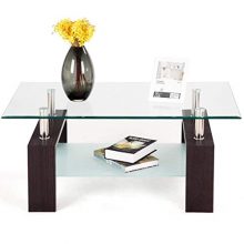 Glass Coffee Table Modern Simple Style Rectangular Wood Legs