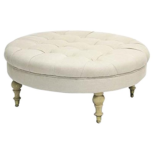 Kathy Kuo Home French Country Round Linen Tufted Coffee Table Ottoman