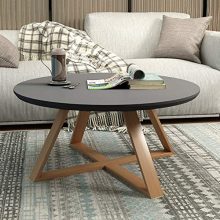 YX Tea Table, Round Bedroom Small Coffee Table, Simple Living Room Creative Solid Wood Side Table, Mini Round Small Desk,Black,60Cm/23.4In