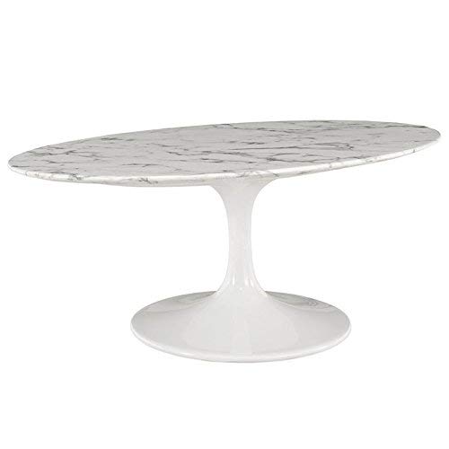 Benzara Oval Shaped Marble Table with Tulip Aluminium Base, White
