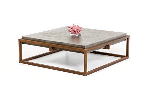 Concrete Living Room Coffee Table with Rusty Steel Frame, 15" Tall, Grey