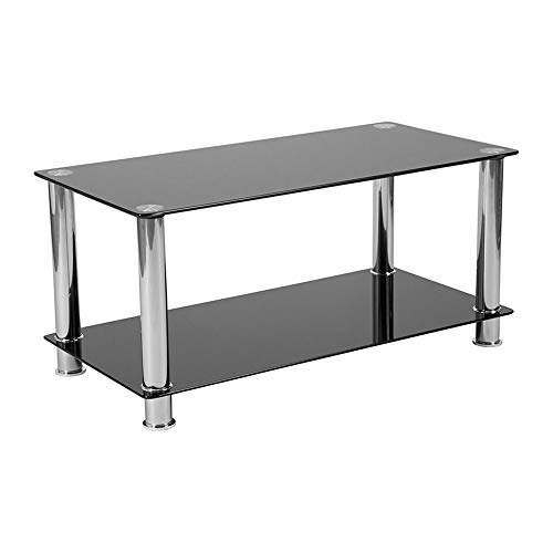 Offex Black Tempered Glass Top Coffee Table with Shelves and Stainless Steel Frame