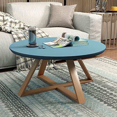 YX Tea Table, Round Bedroom Small Coffee Table, Simple Living Room Creative Solid Wood Side Table, Mini Round Small Desk,Blue,60Cm/23.4In