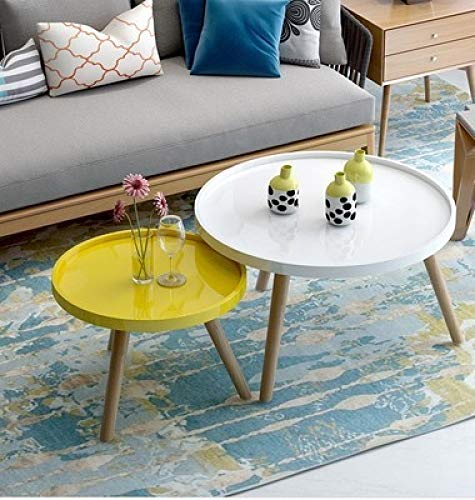 YX Tea Table, Living Room Round Coffee Table, Bedroom Small Side Table, Mini Round Table, Combination Set,White and Yello,70Cm+50Cm