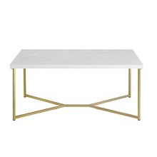 Pemberly Row Rectangle Coffee Table in White Faux Marble and Gold