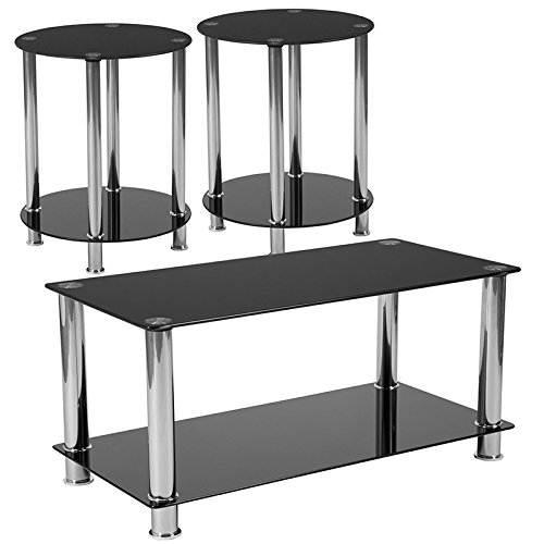 Offex 3 Piece Coffee and End Table Set with Black Glass Tops