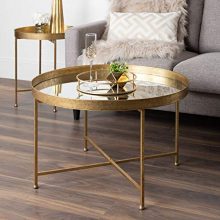 Round Metal Foldable Coffee Table with Mirrored Tray Top, Gold