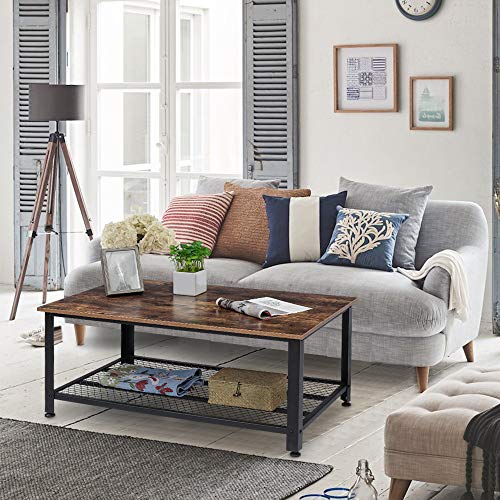 KingSo Industrial Coffee Table with Storage Shelf, Wood Look Accent