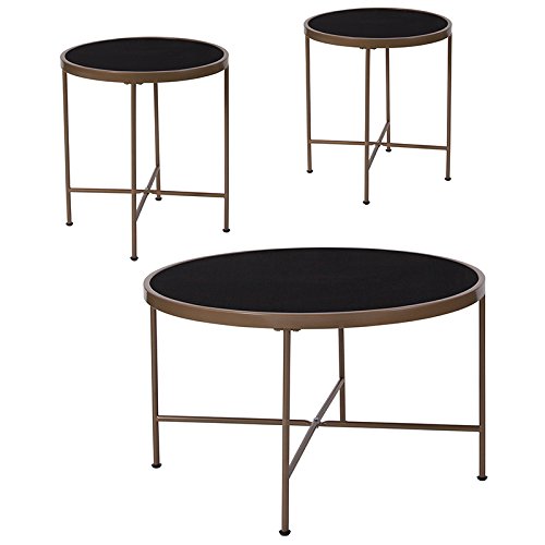 3 Piece Coffee and End Table Set with Black Glass Tops and Matte Gold