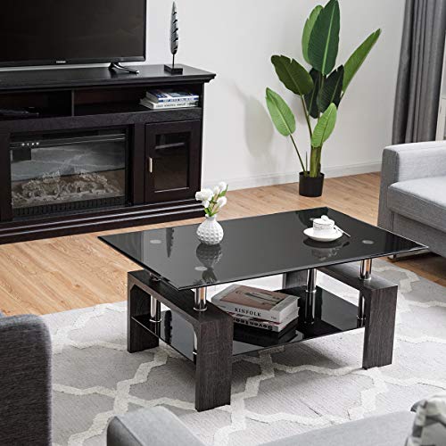 Glass Coffee Table Modern Simple Style Rectangular Wood Legs