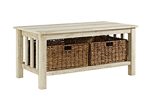 Offex 40" Wood Storage Coffee Table with Wicker Totes - White Oak