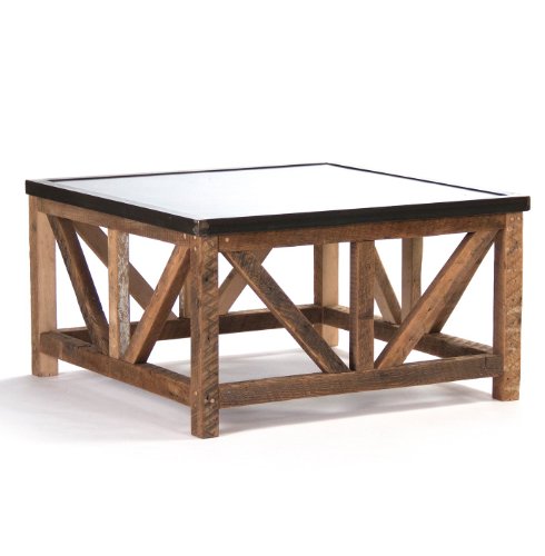 Kathy Kuo Home Regan Zinc Top Chunky Reclaimed Wood Rustic Coffee Table