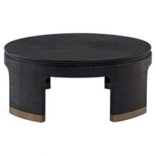 Kathy Kuo Home Constanta Regency Black Raffia Round Gold Coffee Table