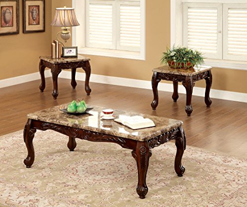 3-Piece Traditional Faux Marble Top Accent Tables Set, Dark Oak
