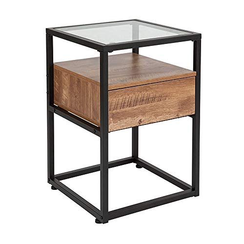 Rectangular Top Glass End Table with Drawer and Shelf, Black