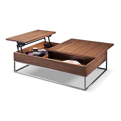 Benzara Wooden Coffee Table with Lift Top Storage, Brown and Silver
