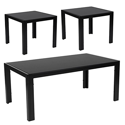 3 Piece Coffee and End Table Set with Black Glass Tops and Black Metal Legs