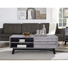 Ameriwood Home Vaughn Coffee Table with sliding doors, gray oak finish, and mid-century modern design, perfect for stylish living room storage. 