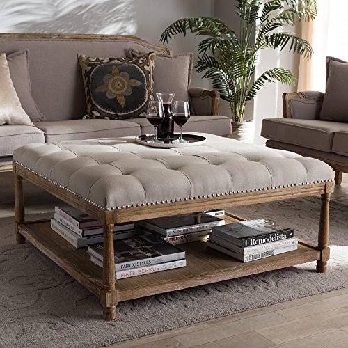 Baxton Studio Square Coffee Table Ottoman in Beige and Weathered Oak Finish