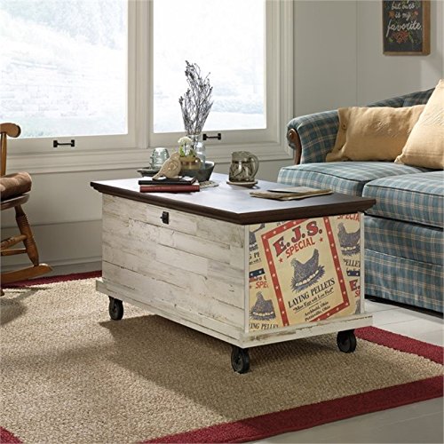 Pemberly Row Rolling Trunk Coffee Table in White Plank