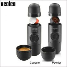 Portable Wacaco Minipresso espresso maker with manual handpress, suitable for travel and outdoor use, compatible with coffee capsules and ground coffee. 