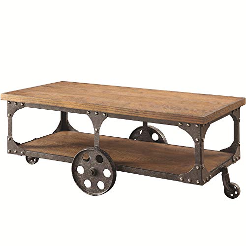 Benzara Wooden Coffee Table with Metal Accents and Wheels, Brown