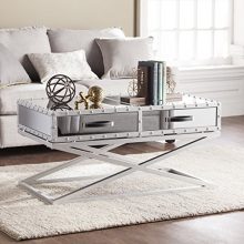 Drawer Coffee Table, Silver Mirror Finish with Matte Silver Trim