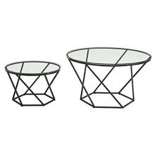 Pemberly Row Round Glass Top Coffee Table Set in Black