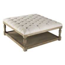 Kathy Kuo Home Square Tufted Linen Natural Oak Coffee Table Ottoman