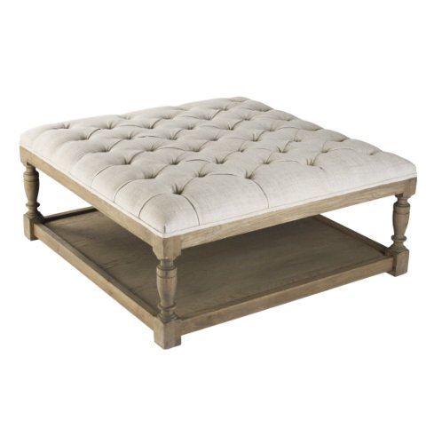 Kathy Kuo Home Square Tufted Linen Natural Oak Coffee Table Ottoman