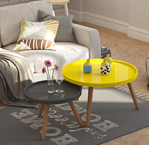 YX Tea Table, Living Room Round Coffee Table, Bedroom Small Side Table, Mini Round Table, Combination Set,Yellow and Grey,70Cm+50Cm