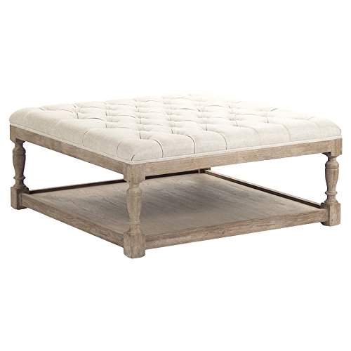 Square Tufted Linen Limed Grey Oak Coffee Table Ottoman