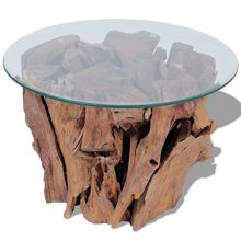 Festnight Solid Wood Round Coffee Side Table with Strong Tempered Glass and Teak Base