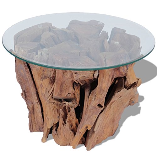 Festnight Solid Wood Round Coffee Side Table with Strong Tempered Glass and Teak Base