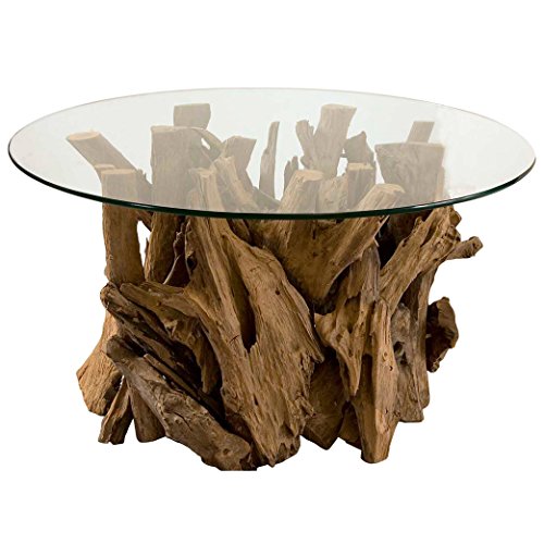 Beach Teak Driftwood Round Glass Coffee Table