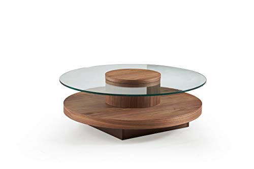 Glass Veneer Finished Living Room Round Coffee Table, Walnut