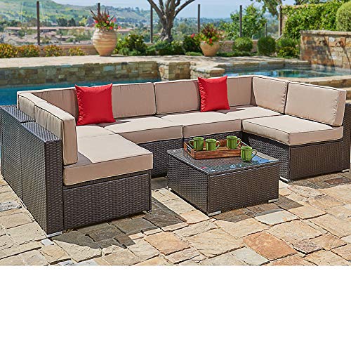 SUNCROWN Outdoor Patio Furniture 7-Piece Wicker Sofa Set, Washable Seat Cushions with YKK Zippers and Modern Glass Coffee Table, Waterproof Cover and clips, Brown