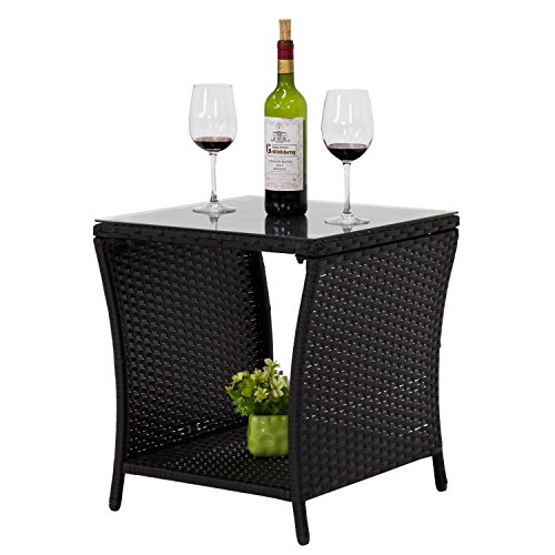 Kinbor Black Outdoor Square Wicker Rattan Side Coffee Table w/Glass Top Patio Furniture with Storage Shelf