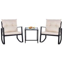 SUNLEI Outdoor 3-Piece Rocking Bistro Set Black Wicker Furniture-Two Chairs with Glass Coffee Table (Beige Cushion)