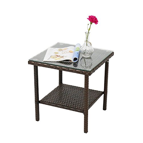 Peach Tree 17-Inch Indoor Outdoor Square Patio Rattan Wicker Side Tea Table w/Glass, Brown