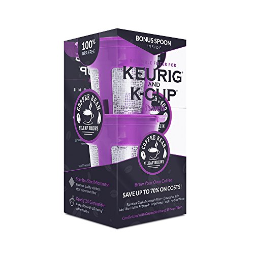 Reusable K Cups for 2.0 and 1.0 Keurig K Cup Style Coffee Maker- 2-Pack K-Cups plus Double Bonus Scoop and Charcoal Filter- Use pods on Over 40 K-CUP Coffee Makers- By Coffee Bean N Leaf Brews