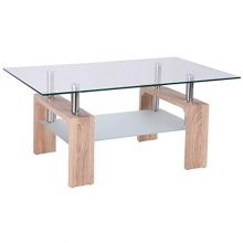 TANGKULA Glass Coffee Table Modern Simple Style Rectangular Wood Legs End Side Table Living Room Home Furniture with Shelf (Bright Wooden)