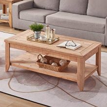BON AUGURE Natural Wood Coffee Table with Storage Shelf, Rustic Farmhouse Cocktail Table for Living Room (47 Inch, Light Brown Finished)