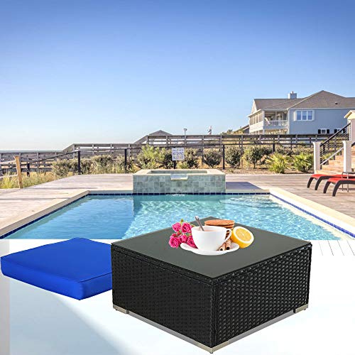 Patio Furniture Black Wicker Coffee Table w/Tempered Glass w/Extra Royal Blue Cushion Can be Used As Ottoman