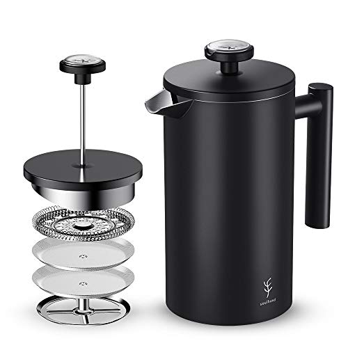 French Press Coffee Maker,Soulhand Double-Wall Stainless Steel Coffee Maker with 2 Extra Filters,Coffee Scoop and Timer