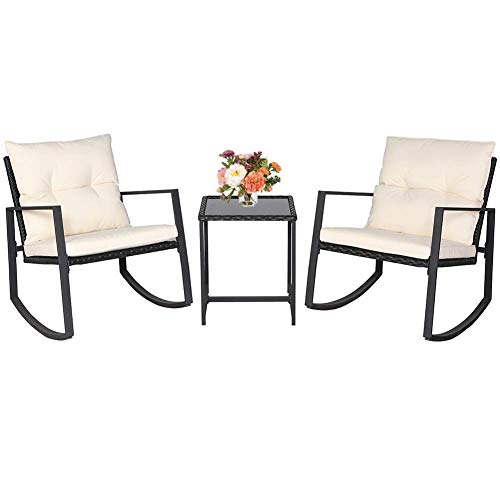 BonusAll 3 Pieces Outdoor Patio Set Rocking Chair Wicker Patio Furniture Sets Rocking Bistro Set Rattan Chair Conversation Sets with Coffee Table(Beige Cushion)